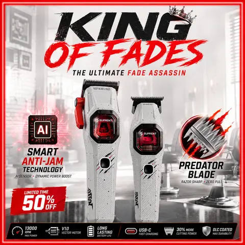 SUPRENT Hair Clipper Trimmer Kit V10 Motor DLC Blades, Professional Grooming Set for Men with Precision Fade, Smooth Snag-Free Cutting, Lightweight Ergonomic Design & Built-in LED Light for All Hair Types & Short Hair Hairstyles.