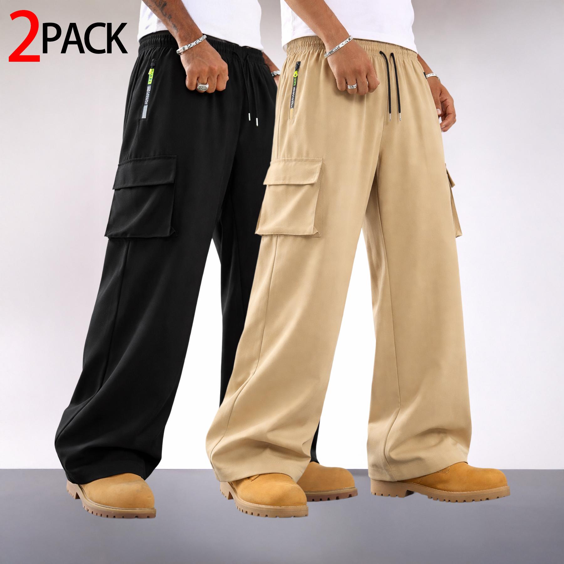 2 Pack Mens Cargo Pants Wide Leg Drawstring Multi Pocket Streetwear Utility Trousers Loose with Zipper Pocket and Large Flap Cargo Pockets for Casual Commuter Outdoor Wear and Relaxed Daily Outfits