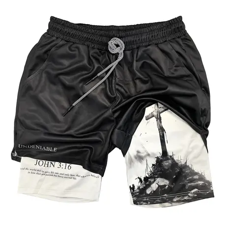 John 3:16 The Cross Performance Shorts Summer Double Layer Beach Pants Fitness Training Pant Sports