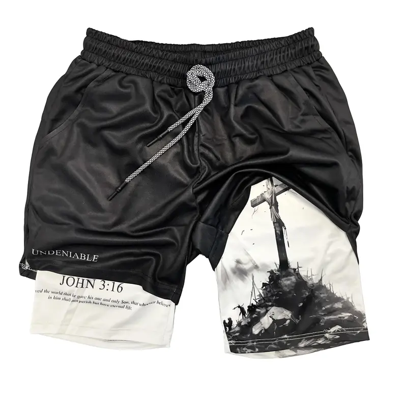 John 3:16 The Cross Performance Shorts Summer Double Layer Beach Pants Fitness Training Pant Sports