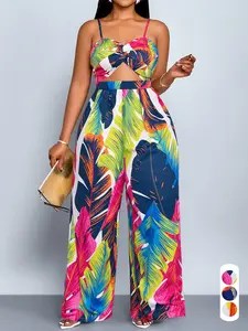 Summer Casual Sexy Women's Plant Print Plus Size Jumpsuit, Sleeveless High Waist Long Pants, Fashion Chic Boho Bohemian Vacation Style, Summer Plus Size Women's Clothing