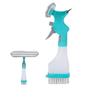 4-in-1 Set with Refillable Bottle, Scrub Pad Spray Multi-Purpose Window Cleaning Tool with Spray Bottle, Rubber Squeegee and Microfiber Cleaning Head for Dirty Indoor/Outdoor Surfaces (Blue)