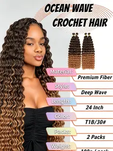 Ocean Wave Crochet Hair Deep Wave Braiding Hair 24 Inch  Curly Wavy Hair for Boho Braids Synthetic Hair Extensions for Black Women (Ombre Brown) glitter ponytail Straight HD Front Human Wig Lace