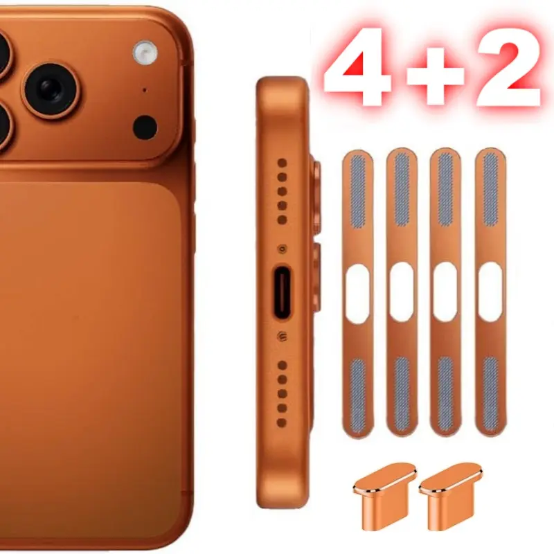 6-Piece Anti-Dust Stickers & Dust Plugs Set for iPhone 17 Pro/pro Max, Metal Power Jack Protector Accessories, Essential Protective Cellphone Care Kit, Aesthetic Protection, Metallic, Smartphone