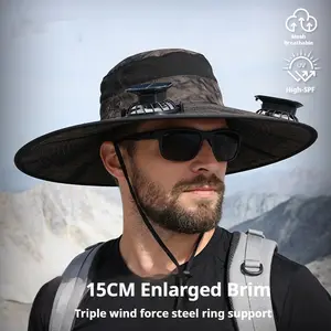 Solar-powered fan hat with long battery life, silent, for men, summer outdoor hiking and fishing hat, large brim, waterproof and sun-protective