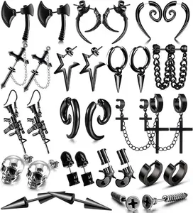 16 Pairs Stainless Steel Punk Y2K Black Dangle Earrings for Men, Axe Skull Screw Cone etc Long Chain Piercing Hoop Earrings Set for Unisex Earrings for Women