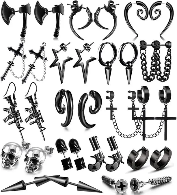 16 Pairs Stainless Steel Punk Y2K Black Dangle Earrings for Men, Axe Skull Screw Cone etc Long Chain Piercing Hoop Earrings Set for Unisex Earrings for Women
