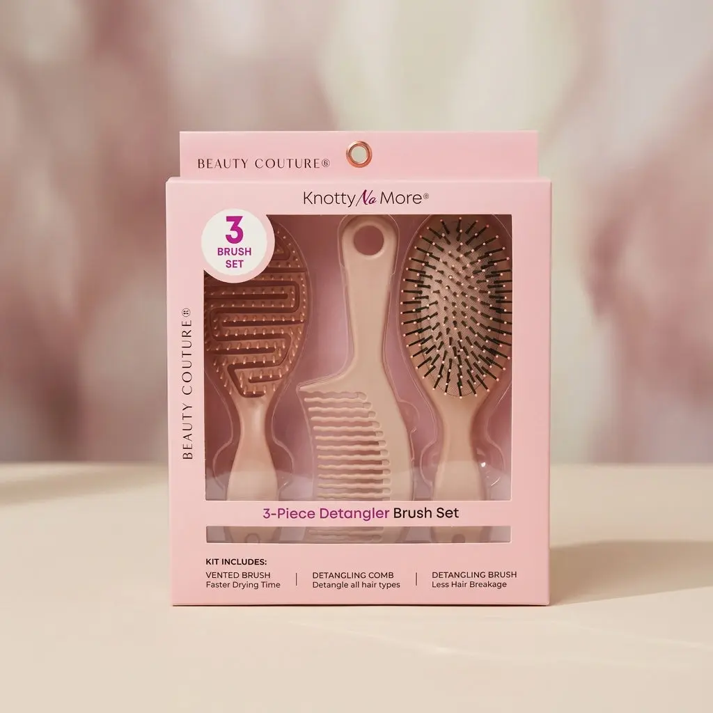 Beauty Couture Knotty No More 3-Piece Detangler Brush Set – Includes Detangling Brush, Vented Hair Brush, and Wide-Tooth Detangling Comb