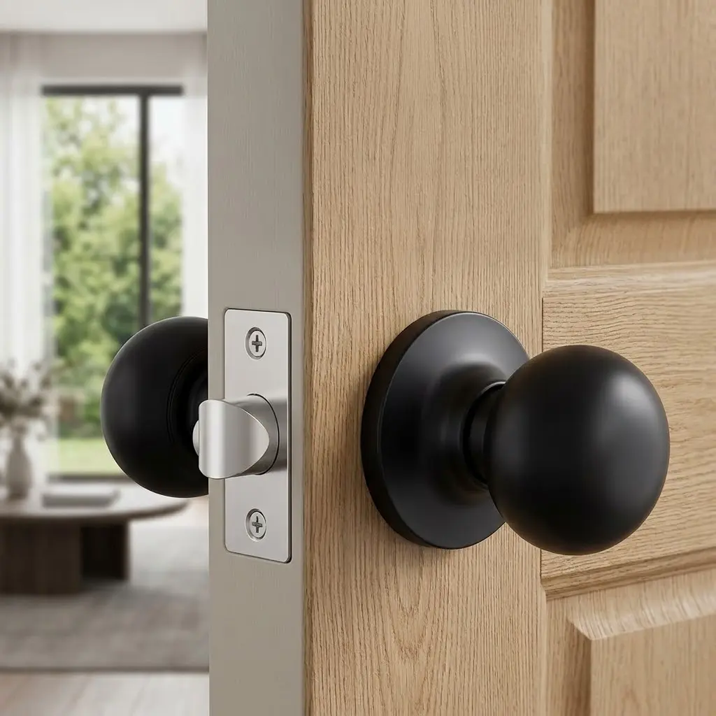 Interior/Exterior Keyless Entry Door Knob - Round Ball Design for Bedroom & Passage Doors, Black Finish | Home Stylish No-Key Lock Handle for Indoor/Outdoor Use.black and silvery doorknob combo cylindrical lock