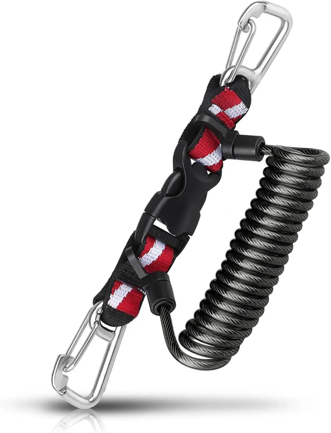 Scuba Retractable Lanyard with Quick-Release Buckle | 316 Stainless Steel Double-Clips, Spiral Core Anti-Lost Cord, Dive Down Flag Webbing Band for Camera & Torch