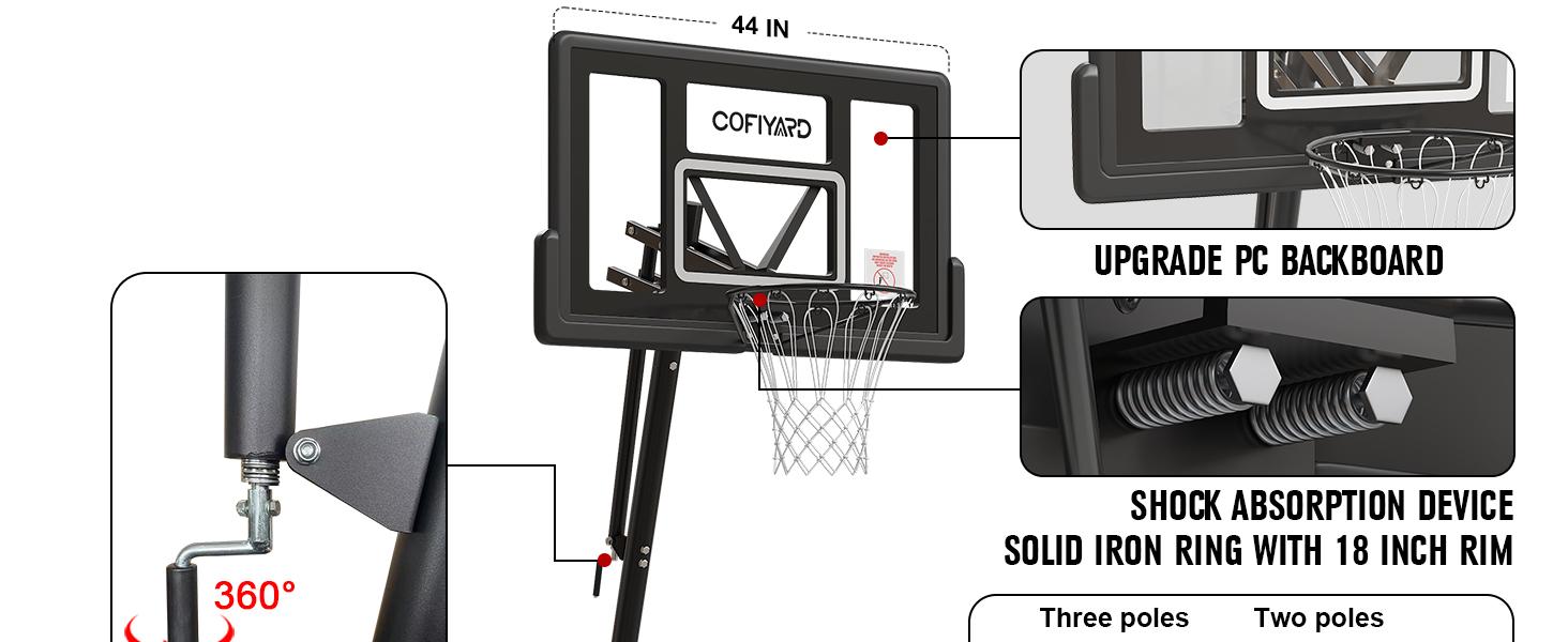 COFIYARD Enhanced version Basketball Hoop Outdoor with 44 Inch Shatterproof Backboard, 5.25-10FT Height Portable Basketball Hoop with Sandbag, Adjustable Basketball Goal System