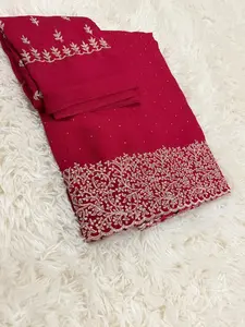 Royal Pink Embroidered Vichitra Silk Wedding Saree with Sirovski Work