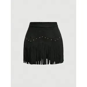 Women's Vintage Hippie Rivet Fringe Black Suede A-Line Skirt, Autumn Skirt,Nashville Outfits,Pirate Skirt casual comfy denim jean fitted gym workout short