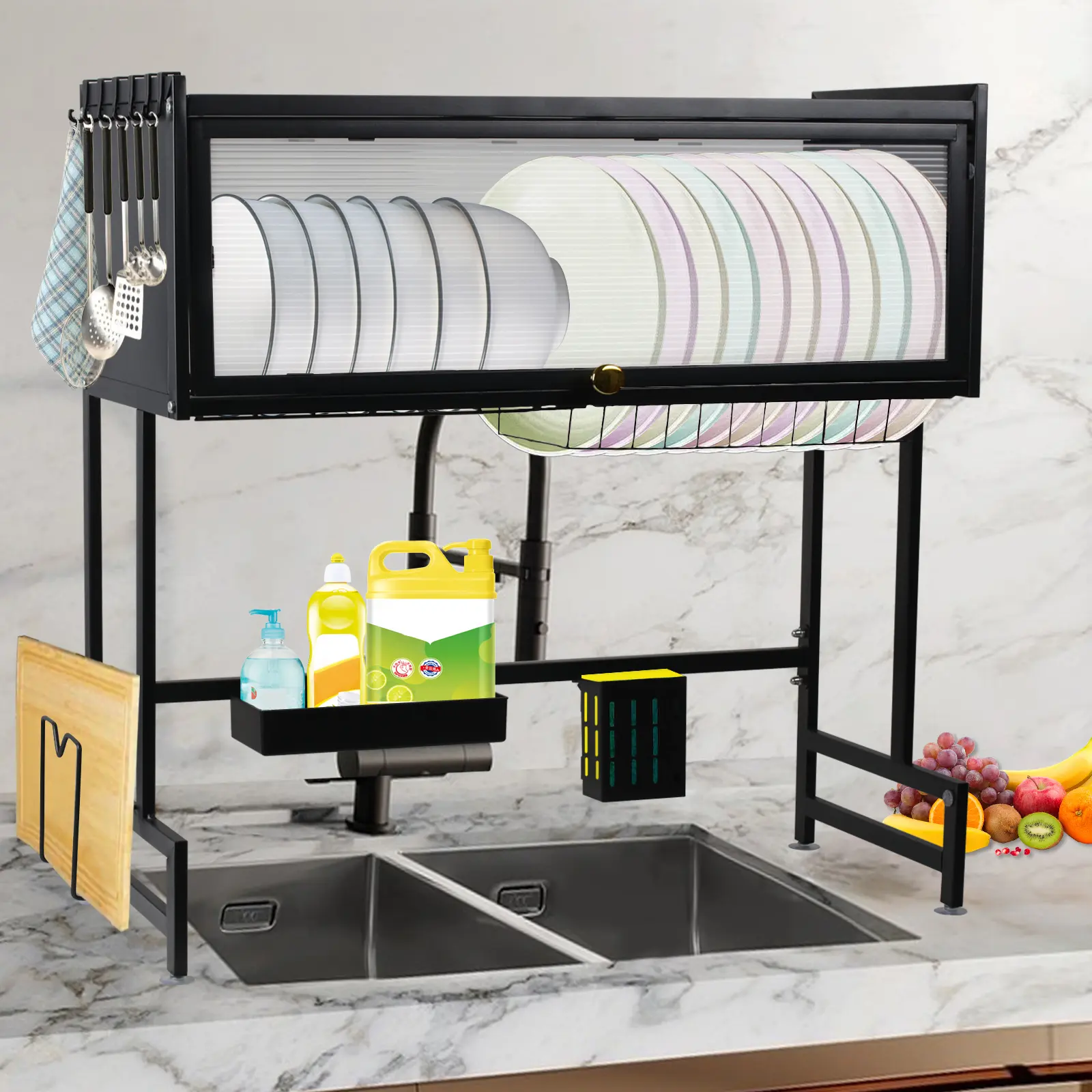 3-Tier Over the Sink Dish Drying Rack with Cover, Large Stainless Steel Dish Drainer Organizer for Kitchen Counter, Space-Saving Utensil Holder with Knife Rack, Cutting Board Holder & Hooks, 25.9" L × 11" W × 30.4" H, Black