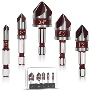 5 count Countersink Drill Bit Set, 82   HSS Counter Sink Drill Bit, Size 1/4"-3/4" Quick-Change Hex Shank for , Metal, Plastic