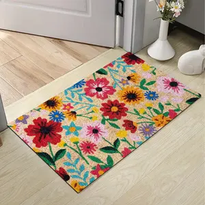 Spring Floral Doormat Welcome Mat with Colorful Wildflowers Non-Slip Entrance Rug Indoor Outdoor Floor Mat Spring Porch Decor Low Profile Durable Washable Decorative Gift for Home Entrance Entryway Carpet