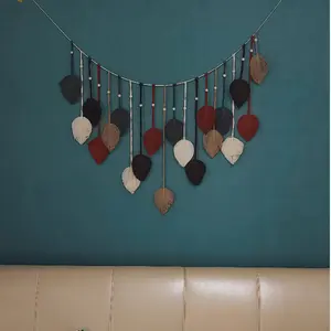 Handwoven Boho Hanging Decoration with Earthy-Tone Leaves & Wooden Beads - Traditional Home Decor for Bedroom, Living Room, Holiday Gifts