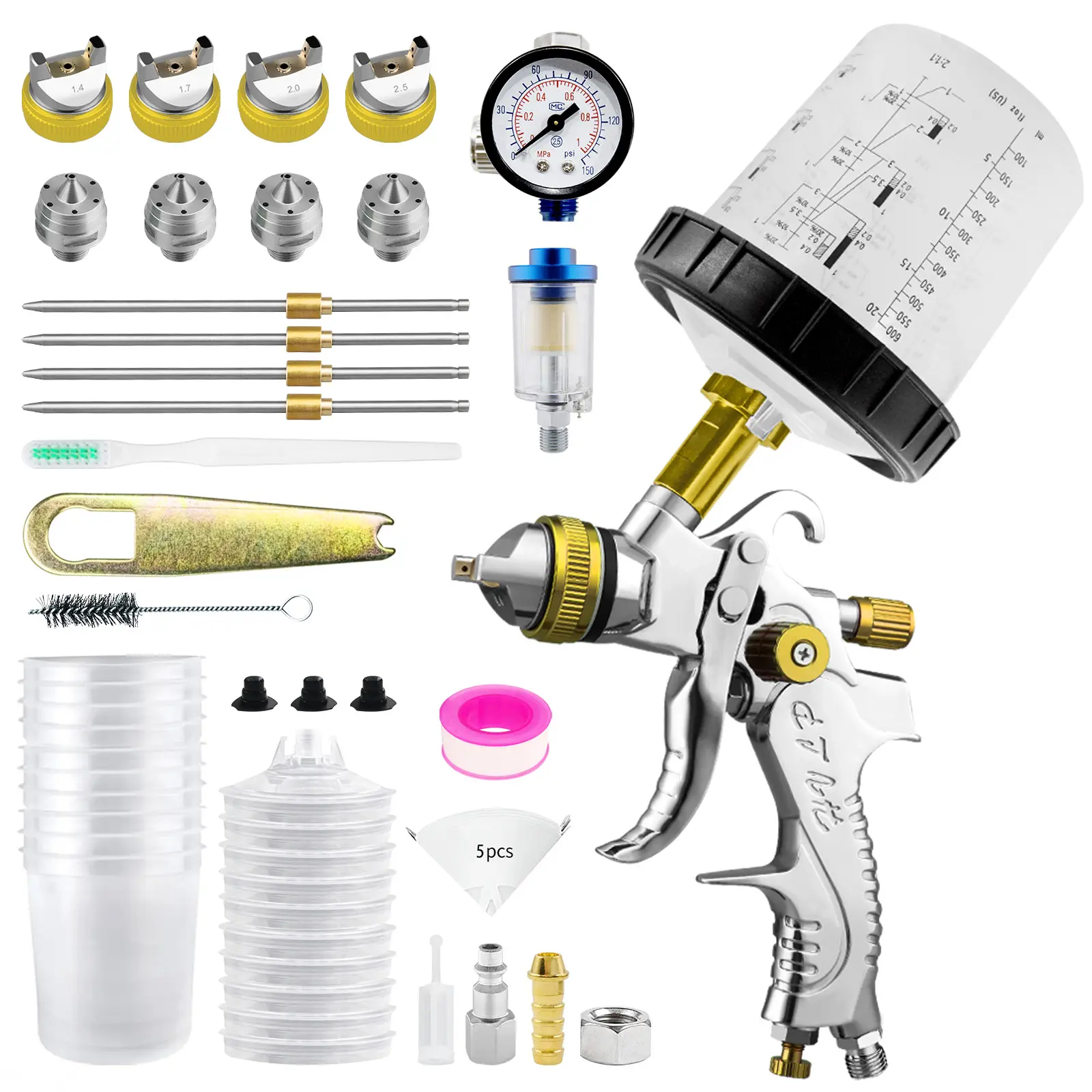 HVLP Spray Gun Kits, 1.4/1.7/2.0/2.5mm Nozzles with650ml Mixing Cup & 10x Disposable Cups, Air Regulator,Paint Gun Automotive Gravity Feed Kit Cars Paint Gun,Furniture, Fence, DIY budget lvl ppaint mode adjustable high capacity container Sprayer