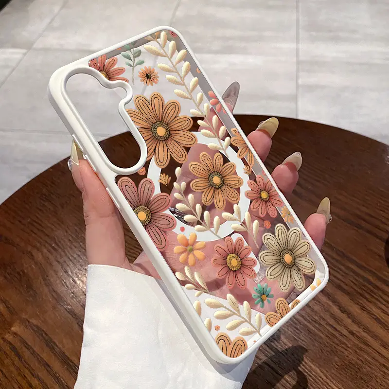 Magnetic Phone Case for Samsung Galaxy S24 Plus S25 Ultra S23 FE Ultra S22+ Brown Flowers Pattern TPU Fashion Shockproof Anti-Scratch Stylish Smartpho