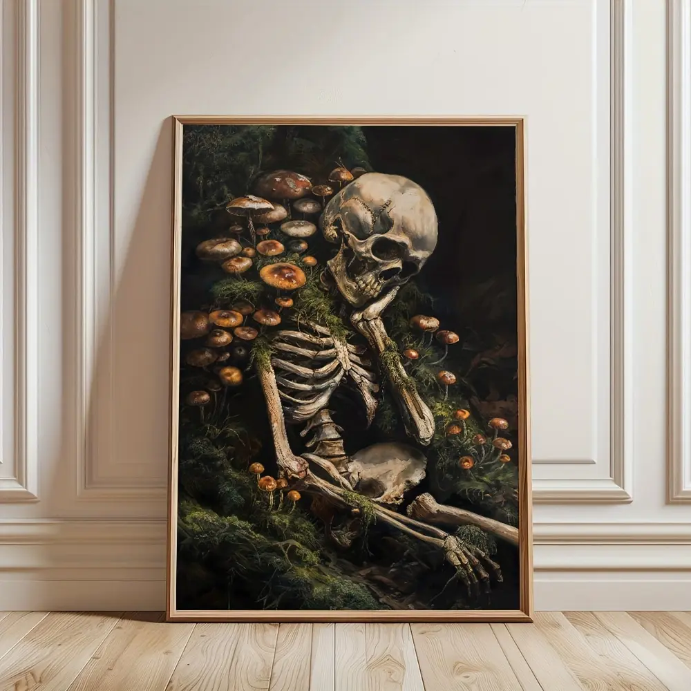 Unframed Botanical Mushrooms Human Skeleton Skull Creative Art Poster Gothic Style Dark Academia Canvas Painting Print Wall Picture for Dorm,Apartment,Living Room,Bedroom,Modern Home Decoration
