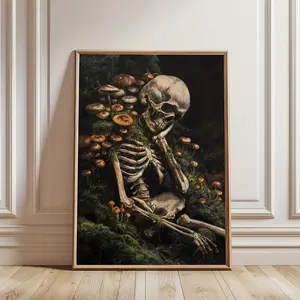 Unframed Botanical Mushrooms Human Skeleton Skull Creative Art Poster Gothic Style Dark Academia Canvas Painting Print Wall Picture for Dorm,Apartment,Living Room,Bedroom,Modern Home Decoration