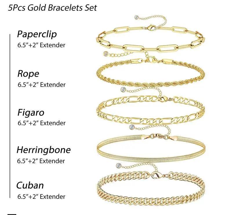 5PCS Waterproof 14K Real hypoallergenic Gold Jewelry Set for Women – Trendy Thin Dainty Stackable Cuban Link, Paperclip Chain Bracelet Pack, Fashion Accessories Gifts for Women non-tarnish Christmas Gift, Elegant Jewelry Bracelet, Gold Bracelet