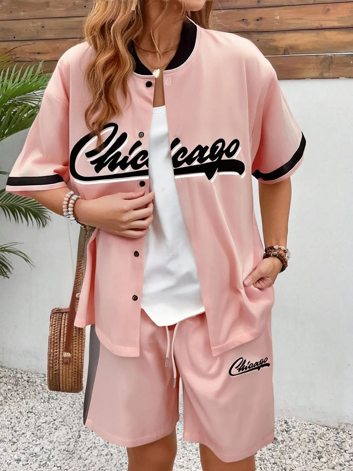 Women's Letter Print Baseball Jersey Button & Drawstring Shorts Two-piece Set, Casual Fashion Cozy Breathable Fitted Two Piece Outfits for Daily Wear, Ladies Clothes for Spring & Summer Womenswear