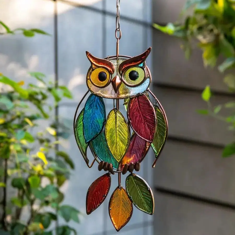 Lightweight Whimsical Vibrant Acrylic Animal Owl Ornament with Mirror, Home Bedroom Window Hanging Decor, Handmade Craft for Gifting