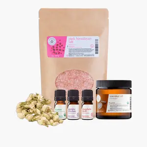 Bundle Bath Salts with Pink Himalayan Salt, Coconut Oil, Mandarin Oil, Cypress Oil, Jasmine Absolute Oil, and Dried Jasmine Flowers - Comfort