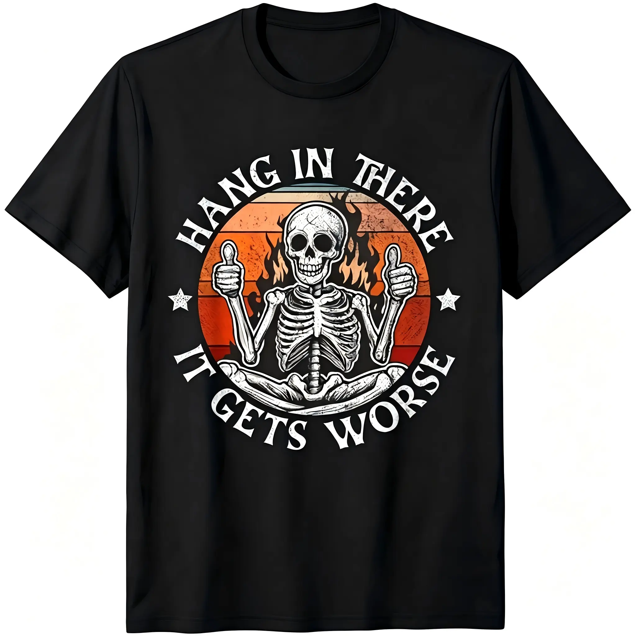 "Hang In There It Gets Worse" Skeleton Retro Sunset Unisex T-Shirt for Men & Women - Funny Sarcastic Vintage Tee, Soft Cotton Crew Neck Short Sleeve, Great for Daily & All-Season Wear, Summer Spring, Machine Washable