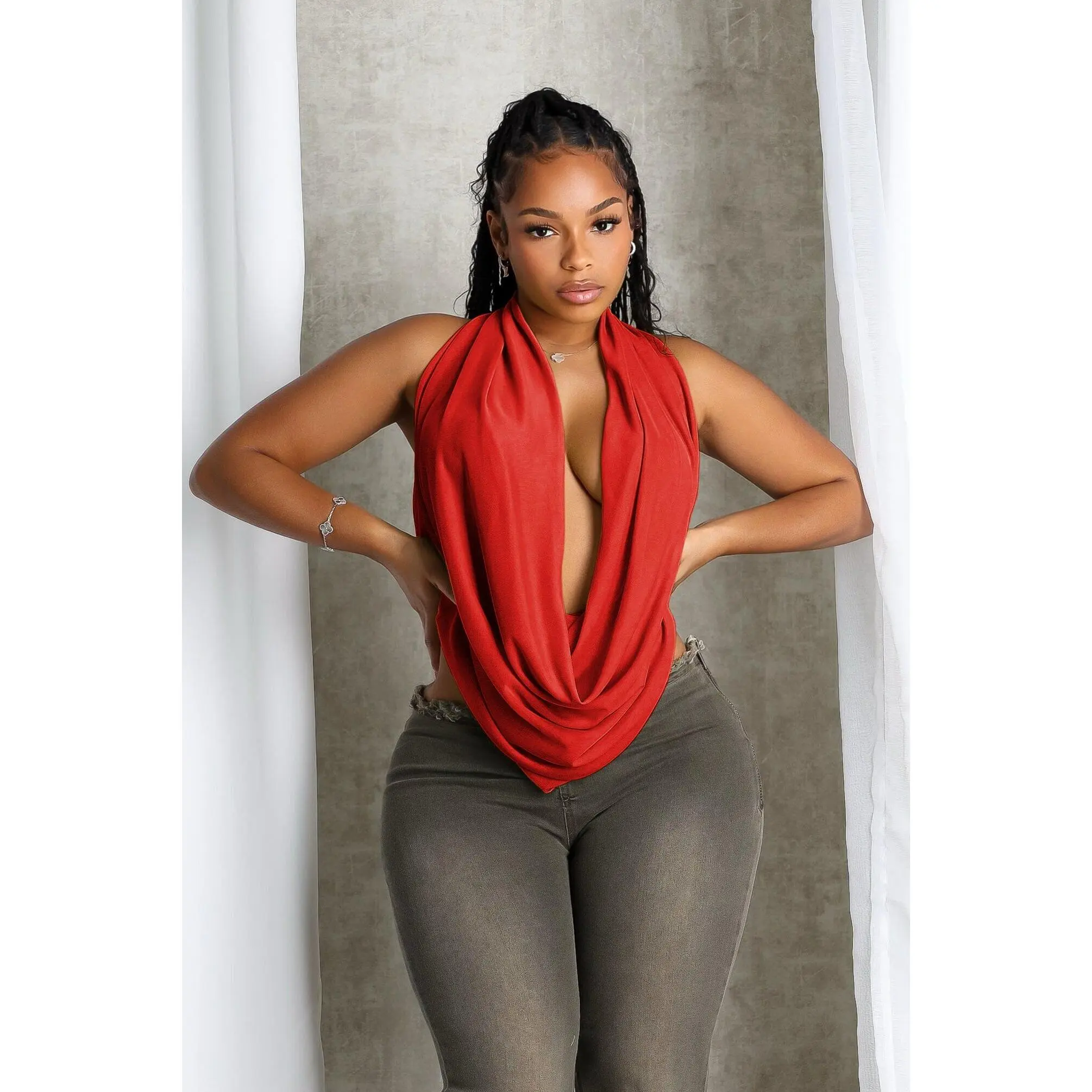 Cascading Mesh Cowl Neck Tie Top