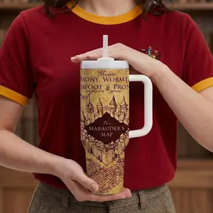 Wizards Secret Map Vintage Movie 40oz Tumbler With Handle, Marauder's Map Stainless Steel Travel Mug, Hot Cold Drink Cup, Gift For Fans Water Bottles Cup