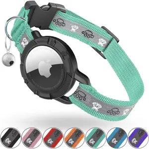 Odokele Reflective AirTag Cat Collar XS/S Size Green Integrated Tracker with AirTag Holder Bell Safety Elastic Band Waterproof for Cats Kittens Puppies