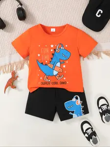 Boys Fashion Summer Short Sleeve T-Shirt Set, Cute Dinosaur Pattern Design, Stylish Gym Shorts, Casual Set, Perfect Gift Choice