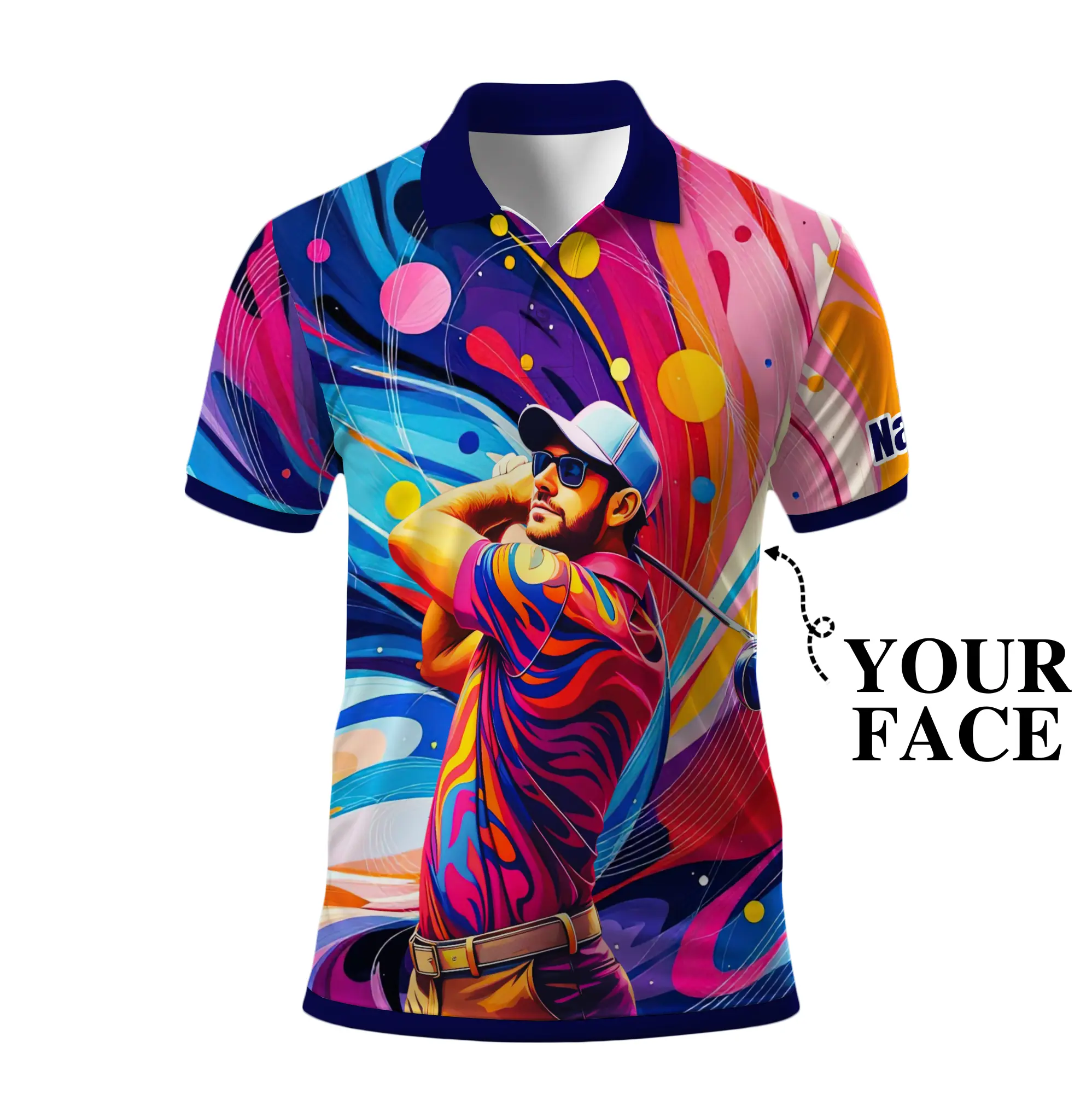 Personalized Mosaic Golf Polo Shirt with Custom Face for Men Vibrant Swirl Design Unique Gift for Father's Day Birthday Team Event Customizable Photo Text Premium Polyester Shirt Moisture Wicking Machine Washable