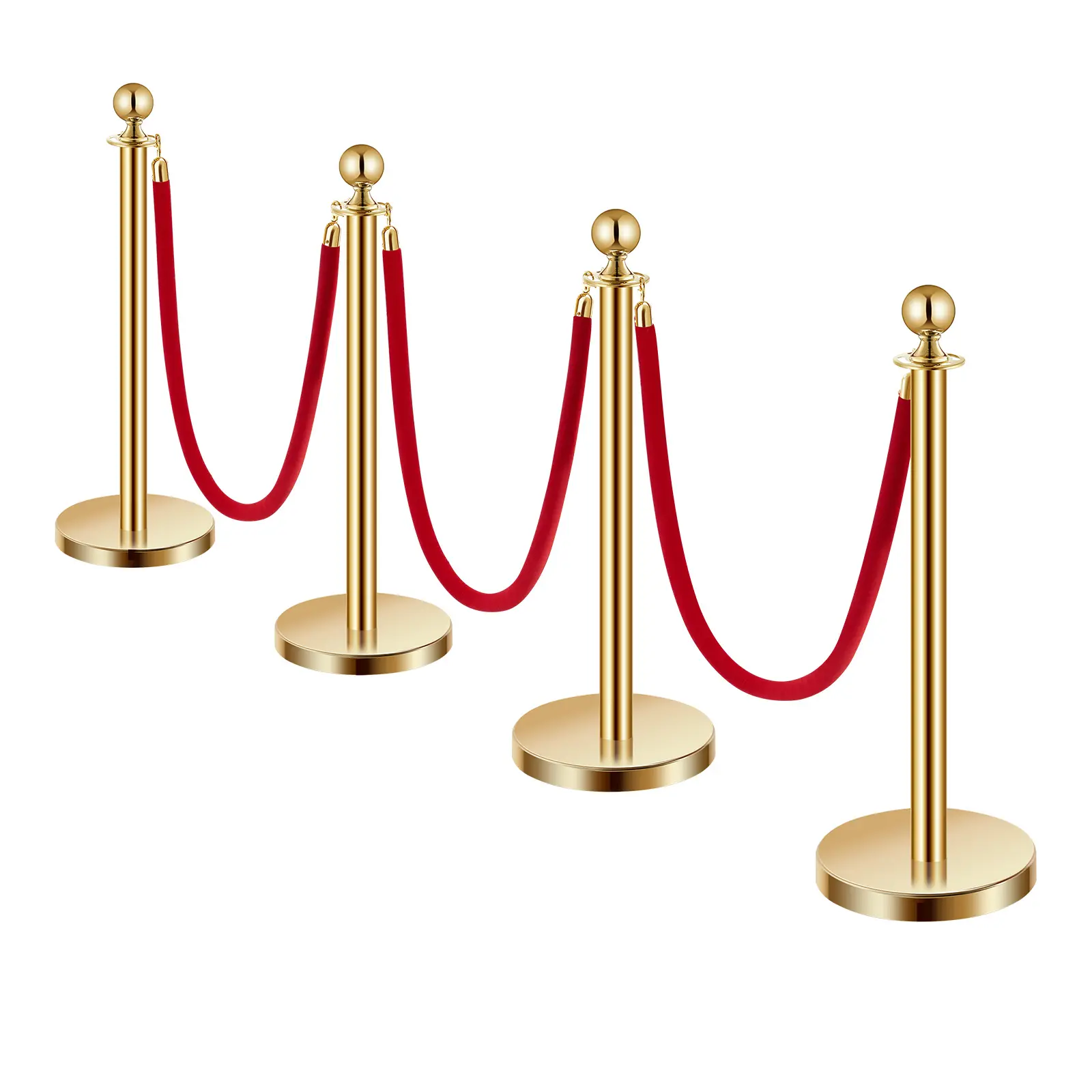 Stanchions and Velvet Ropes 4Pcs, Hollow Base with Stainless Steel Post, 3 Red Velvet Ropes and Posts, Crowd Control Barriers Gold Stanchions, Red Carpet Runner Poles for Party Supplies