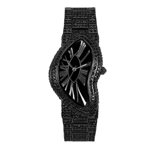 Men, Women Unisex Urban Classic Full Iced CZ Luxury Black Watch – Unique Shape, Metal Band, Quartz Movement, Analog, Adjustable Links, Gift Box Included