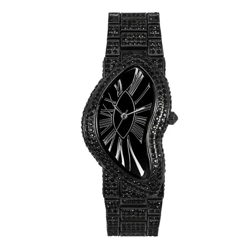 MaxBling81 Unisex Urban Luxury Black Alloy Designer Quartz Watch - Full Iced CZ, Unique Design, Metal Band, Analog Display, Adjustable Links, Wrist-Mounted, Multipurpose Versatile, Gift Box Included, Women's Fit, Alloy Quartz Watches, Designer Quartz Watc