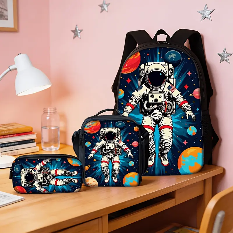 Retro Astronaut 3-Piece Backpack Set for Kids, 600D Oxford School Bag with Insulated Lunch Box & Pencil Case, Fits 15-inch Laptop, Adjustable Shoulder Straps, Back To School Haul, School Lunches