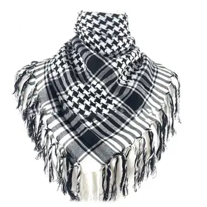 Desert Tactical Scarf, Arabian Headscarf, Black and White Houndstooth Square Scarf, Jacquard Tassel Scarf