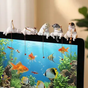 5 Pcs Mini Cat Fishing Desk Figurines Cute Resin Kitty Desk Decor Set for Office Computer Desk Home Workspace Adorable Cat Figurines