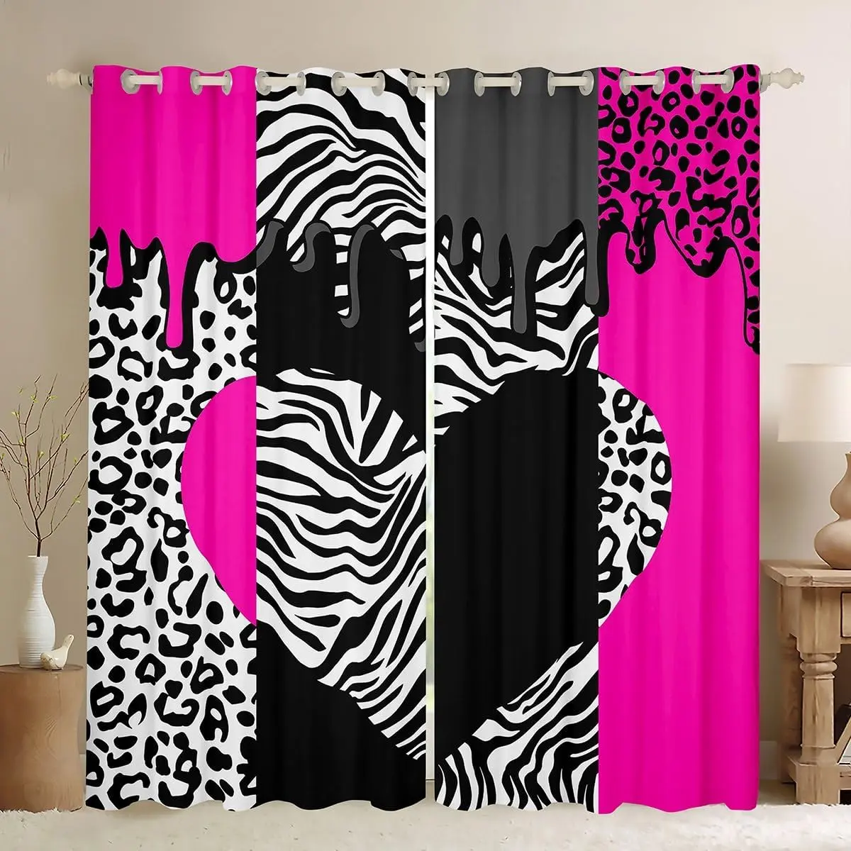 Feelyou Blackout Privacy Curtains - Velvet Fabric Soft Touch Drapes with Animal Prints, Chic Decor Cherry Pink Love Hearts, Beautiful Patterns Curtains (38x45/42x63 in) for Bedroom, Living Room