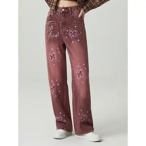 TCH trendy retro sweet cool hot diamond butterfly pink purple straight tube slimming wide leg jeans for women