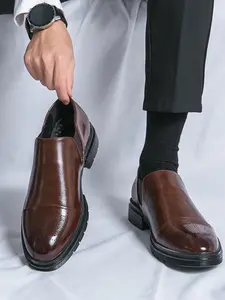 Men's Business Formal Brogue Embossed Slip on Dress Shoes, Fashionable Pointed Toe Shoes for Office Party Wedding Guest, Male All-match Shoes for Daily Wear, Pu Leather Shoes