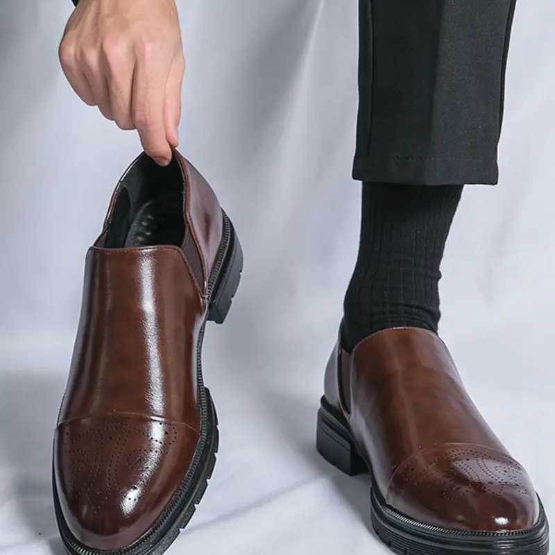 Men's Business Formal Brogue Embossed Slip on Dress Shoes, Fashionable Pointed Toe Shoes for Office Party Wedding Guest, Male All-match Shoes for Daily Wear, Pu Leather Shoes, Business Style Shoes