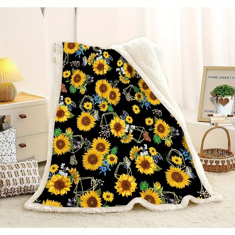 1pc 280gsm Black Sunflower Print Sherpa Fleece Throw Blanket - Soft, Thick, Warm Blankets & Throws for Bed, Sofa, Sunflower-Themed Gift for Women (Boosts Warmth)
