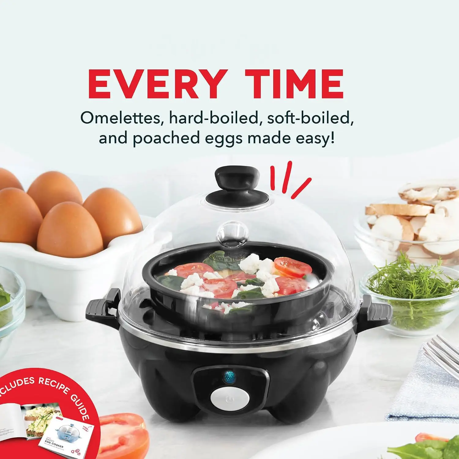 6-in-1 Rapid Egg Cooker: 6 Egg Capacity Electric Egg Cooker for Hard Boiled Eggs, Poached Eggs, Scrambled Eggs, or Omelets with Auto Shut Off Feature - Black