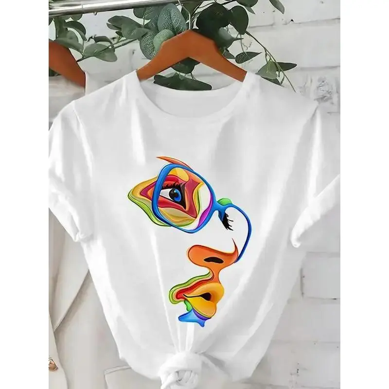 Women's Printed Short-Sleeve T-Shirt, Colorful Abstract Face Print Round Neck Casual Wear Top, Multi-Size Ladies Summer Daily Fit Clothing, Shortsleeve, Tshirt