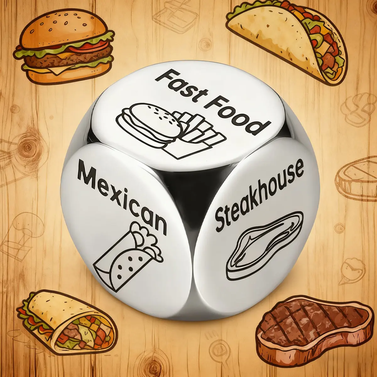 2 PCS Stainless Steel Food Decision Dice - 6 Cuisine Options, Smooth Finish, Anniversary/Birthday Celebration Gift, Solves "What To Eat" Problem for Friends, Event Suggestions Tool