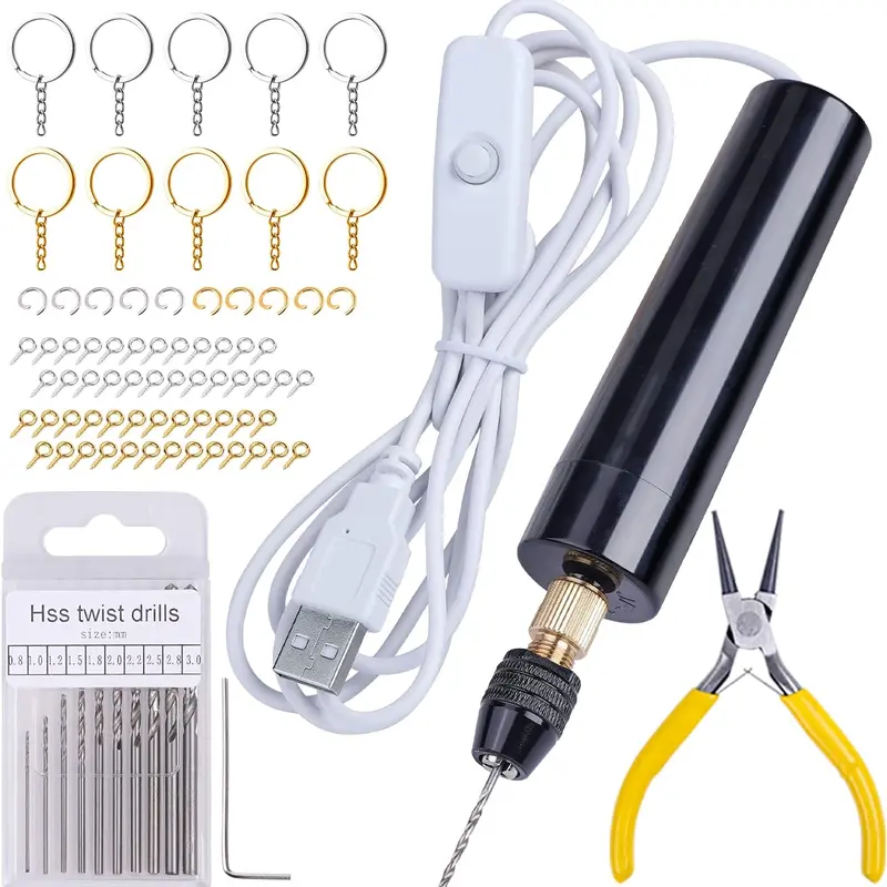 Electric Hand Drill Kit, USB Corded with 10 Drill Bits, 10 Keychain Rings and 50 Screw Eye Pins, Adjustable 3-Jaw Chuck for DIY Resin Jewelry, Bag Charms, Keychains, Beads and Polymer Clay Crafts - LET'S RESIN -